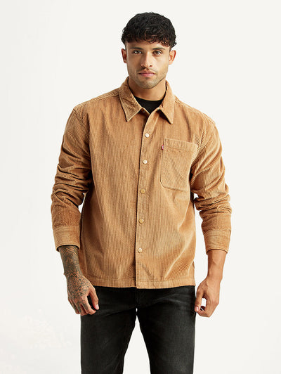 Men's Textured Tan Relaxed Fit Shirt-image-3