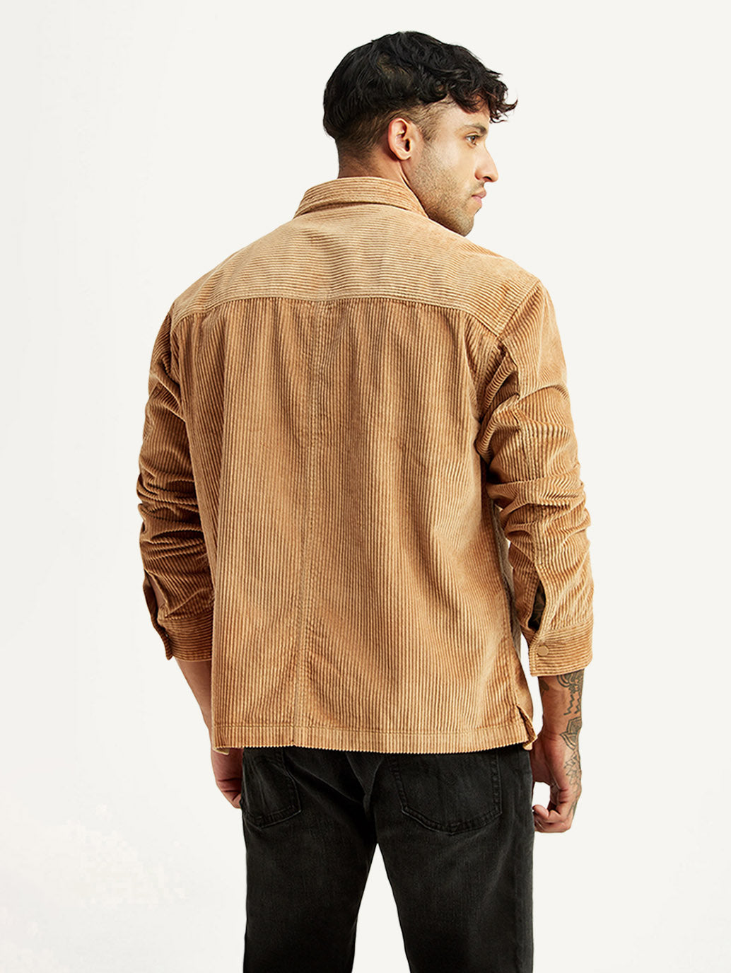 Men's Textured Tan Relaxed Fit Corduroy Shirt - Back View