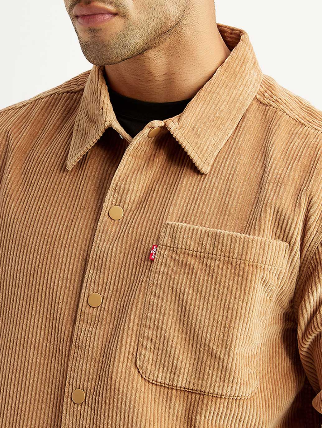 Men's Textured Tan Relaxed Fit Corduroy Shirt - Detail View