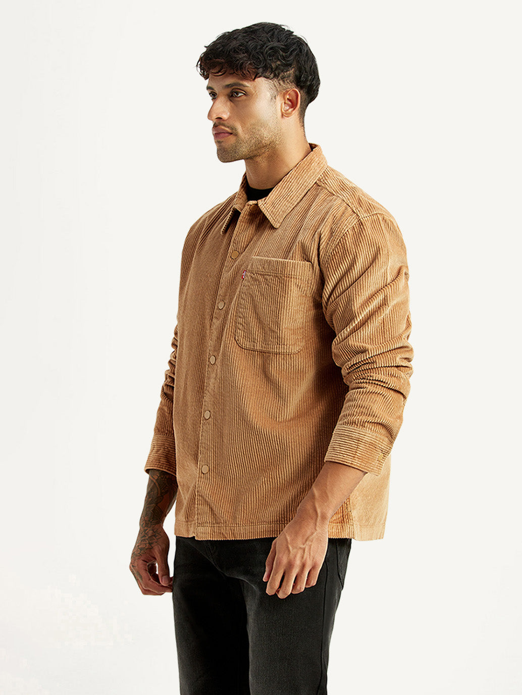 Men's Textured Tan Relaxed Fit Corduroy Shirt - Side View