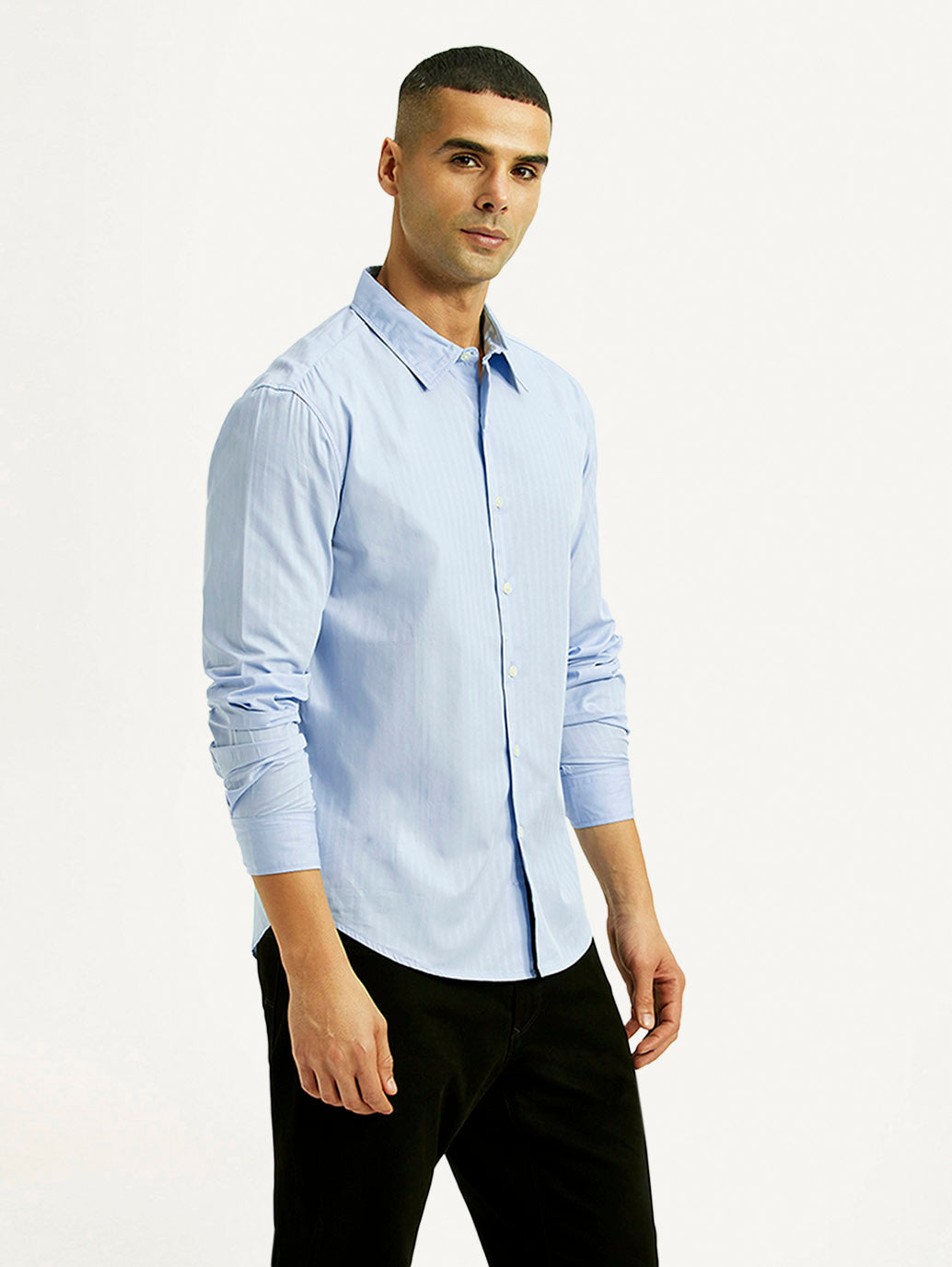 Men's Striped Light Blue Slim Fit Shirt - Side View