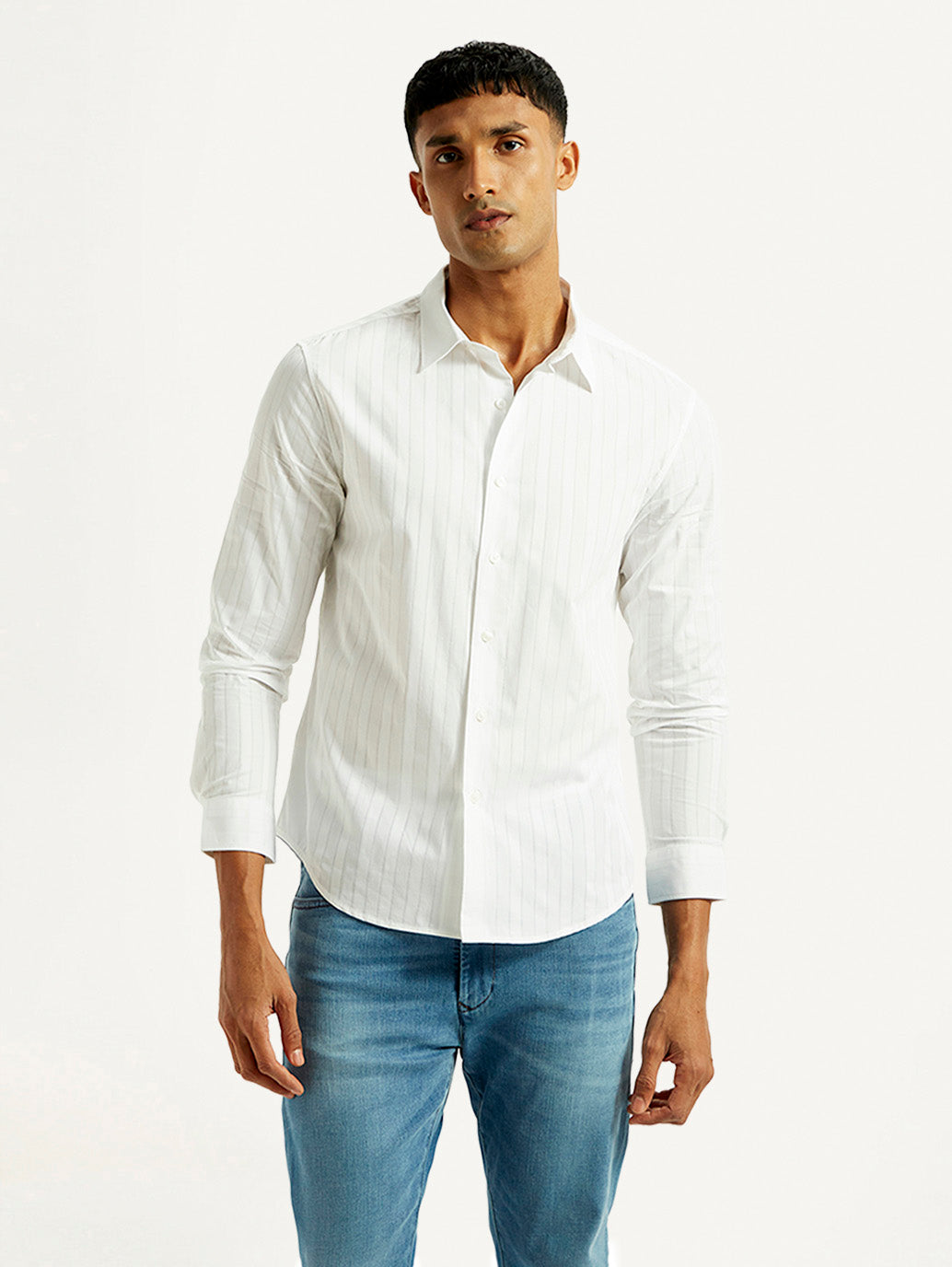 Men's Redloop Striped White Slim Fit Shirt - Front View