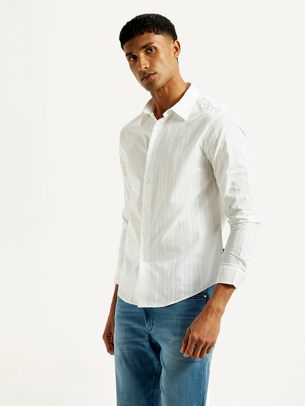 Men's Redloop Striped White Slim Fit Shirt - Side View