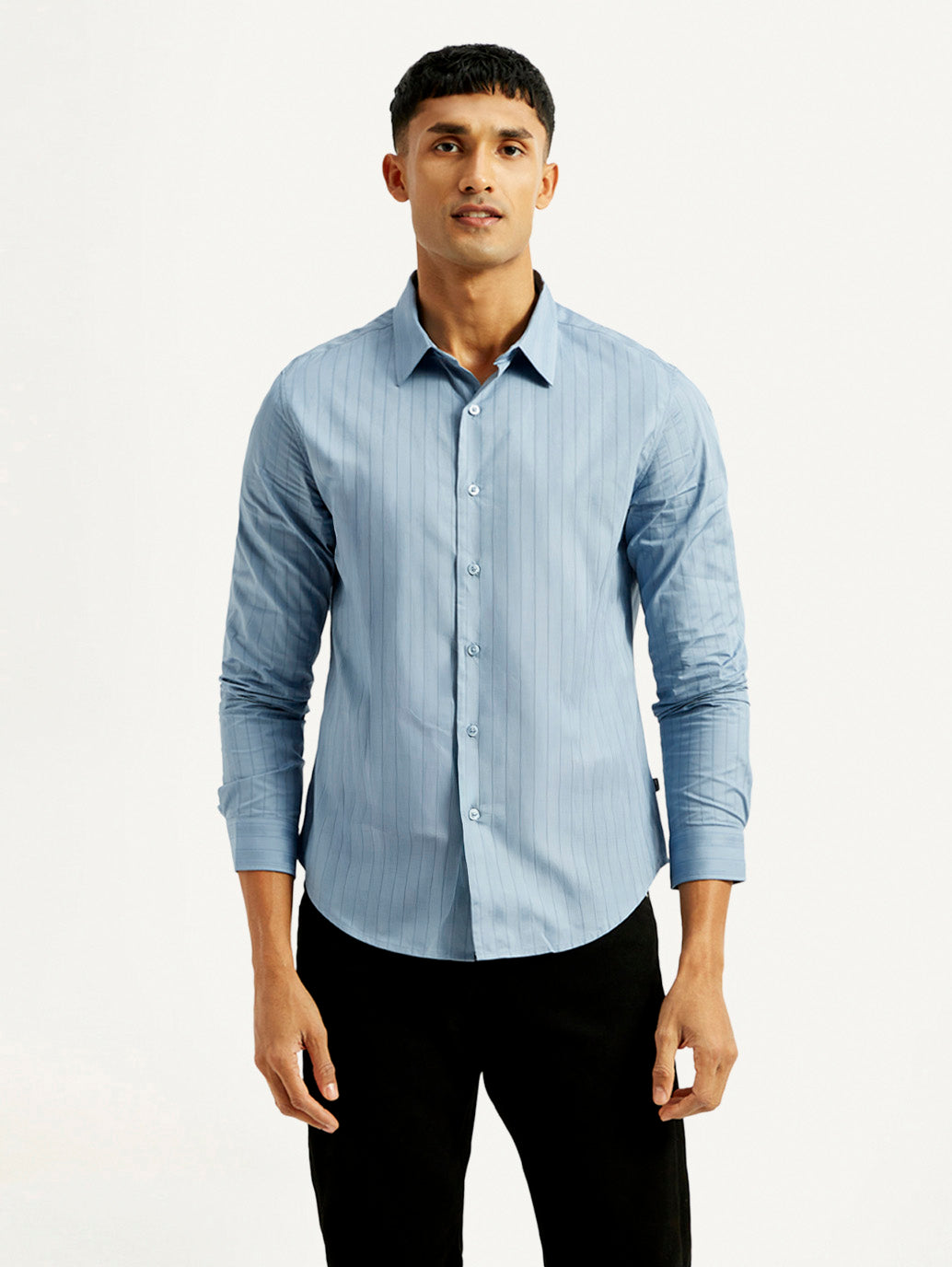 Men's Redloop Striped Light Blue Slim Fit Shirt - Front View
