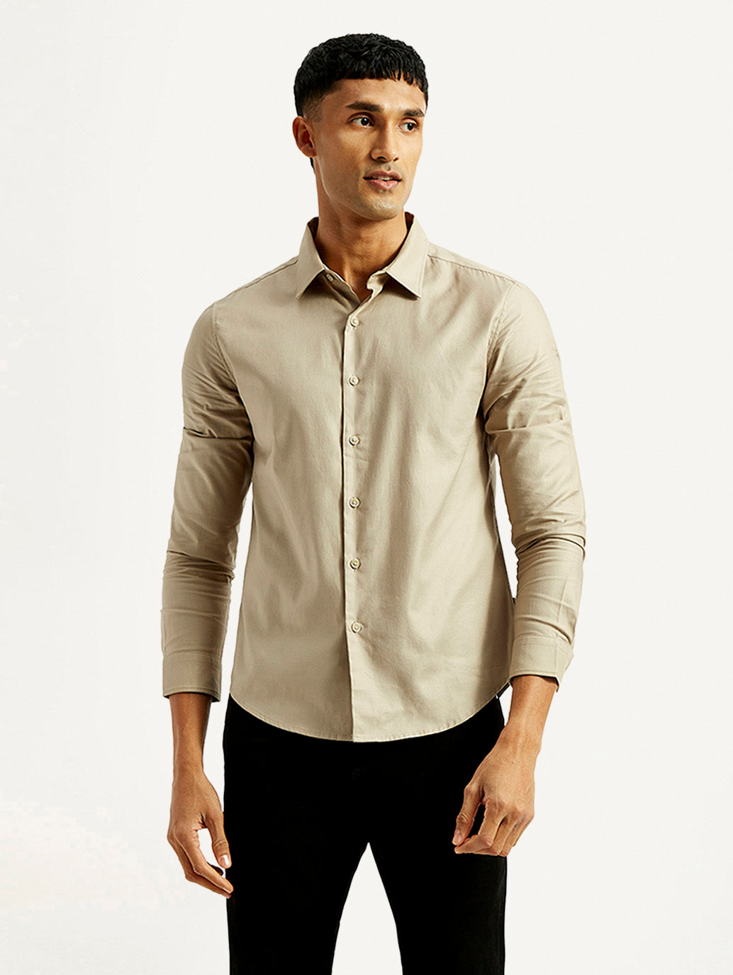Men's Redloop Solid Beige Slim Fit Shirt - Front View