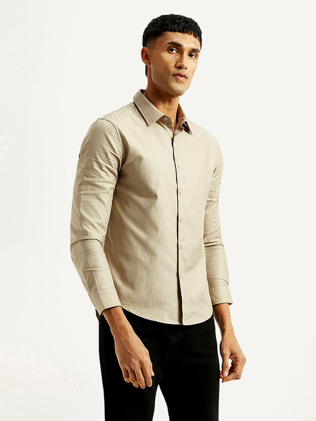 Men's Redloop Solid Beige Slim Fit Shirt - Side View