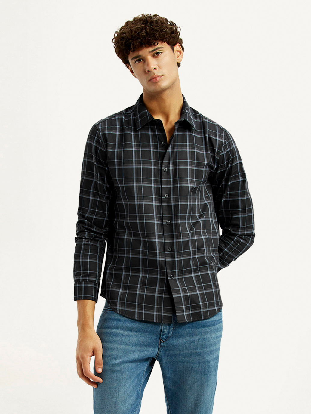 Men's Redloop Checkered Charcoal Grey Slim Fit Shirt - Styleshot View