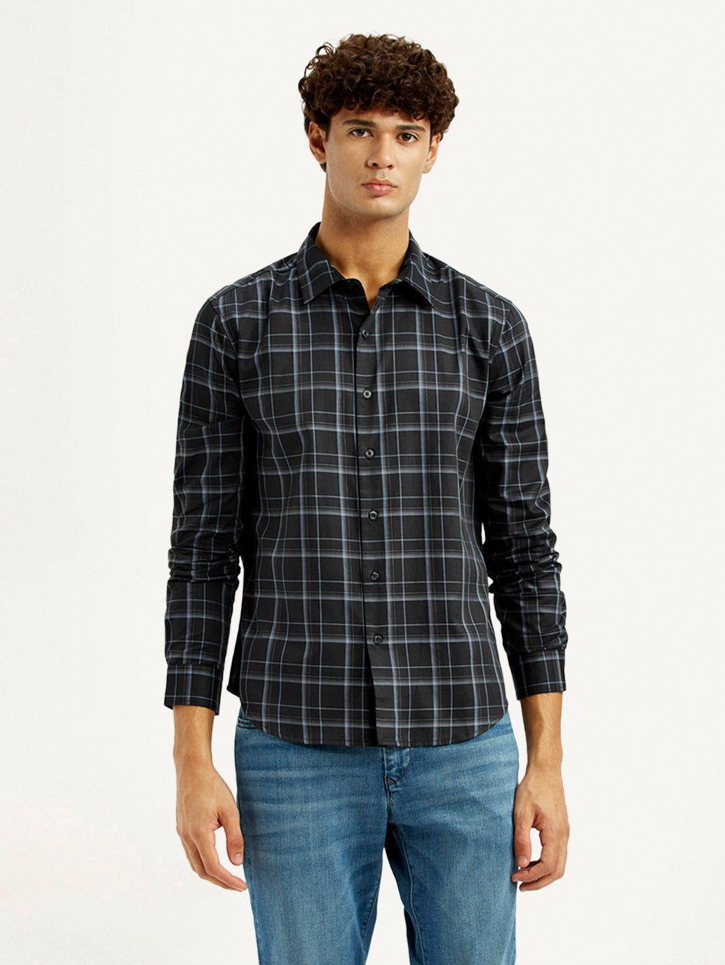 Men's Redloop Checkered Charcoal Grey Slim Fit Shirt - Front View