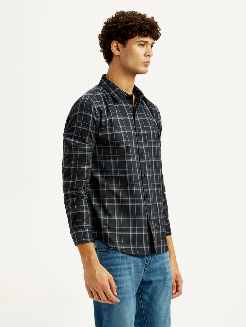 Men's Redloop Checkered Charcoal Grey Slim Fit Shirt - Side View