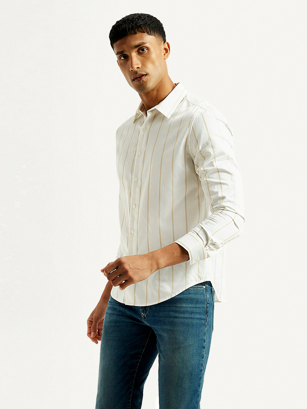 Men's Redloop Striped White Slim Fit Shirt - Side View