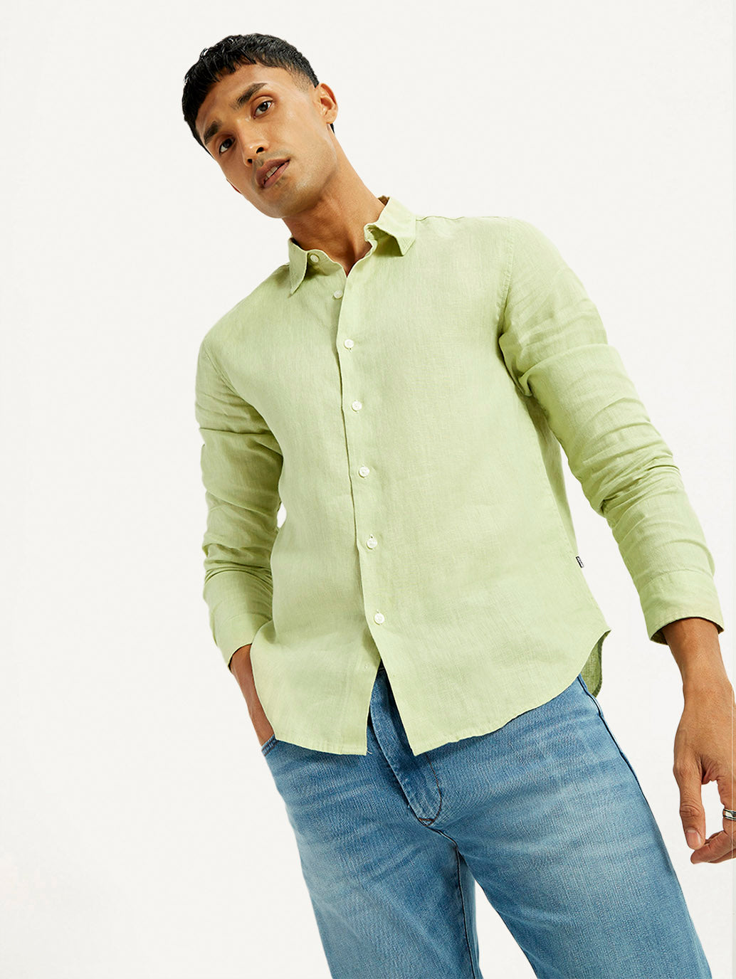 Men's Redloop Solid Light Green Slim Fit Linen Shirt - Elevated View