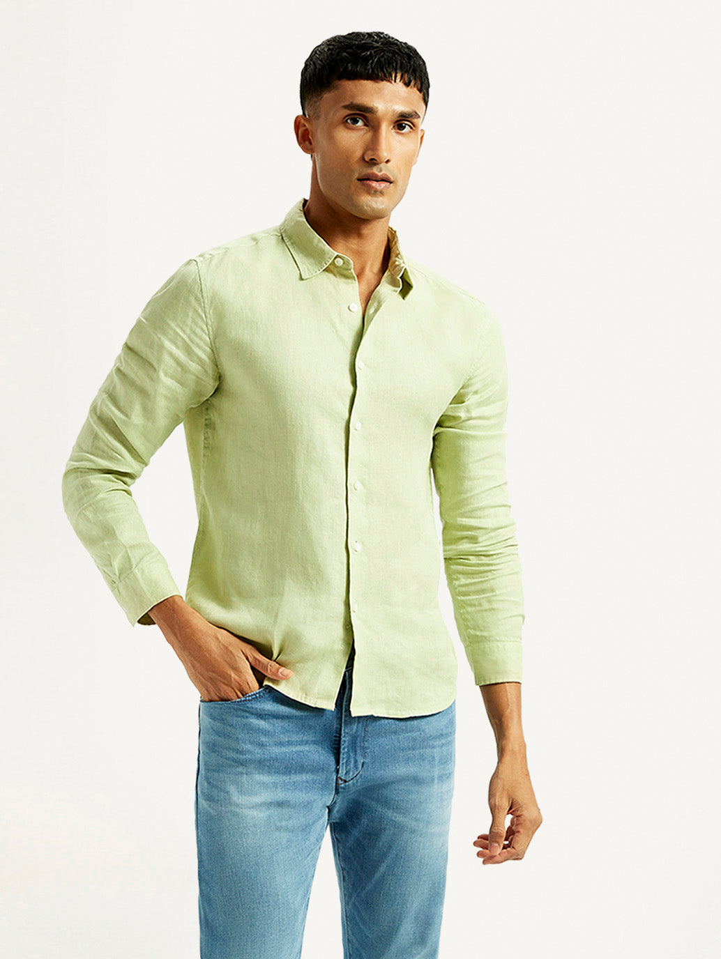 Men's Redloop Solid Light Green Slim Fit Linen Shirt - Styleshot View