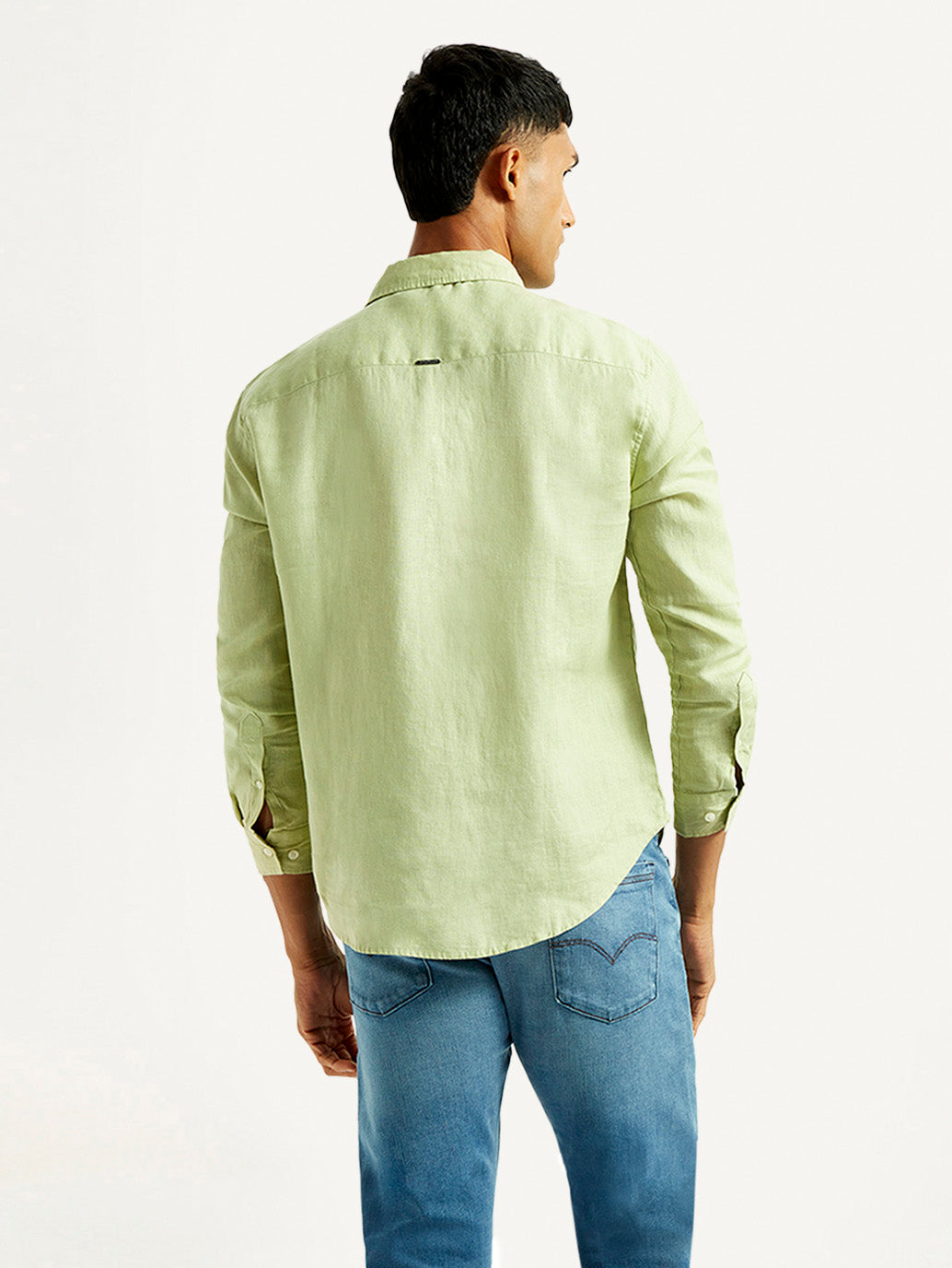 Men's Redloop Solid Light Green Slim Fit Linen Shirt - Back View