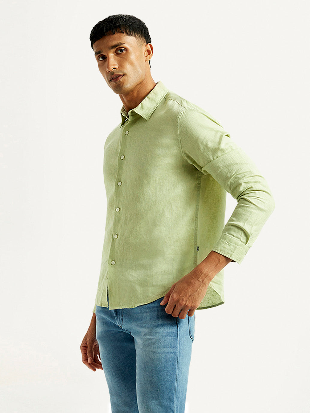 Men's Redloop Solid Light Green Slim Fit Linen Shirt - Side View