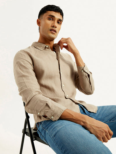 Men's Redloop Solid Beige Slim Fit Linen Shirt