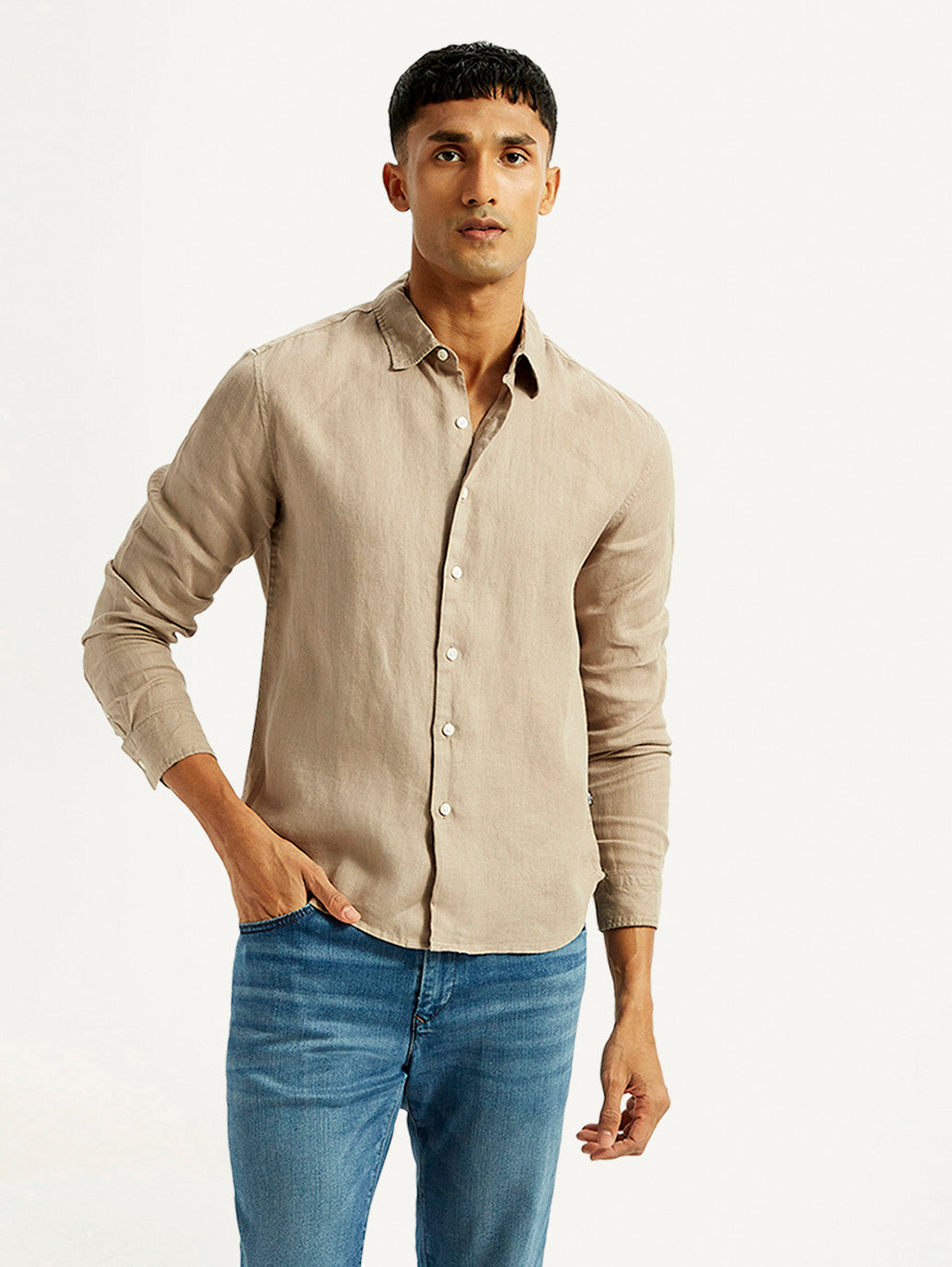 Men's Redloop Solid Beige Slim Fit Linen Shirt - Styleshot View