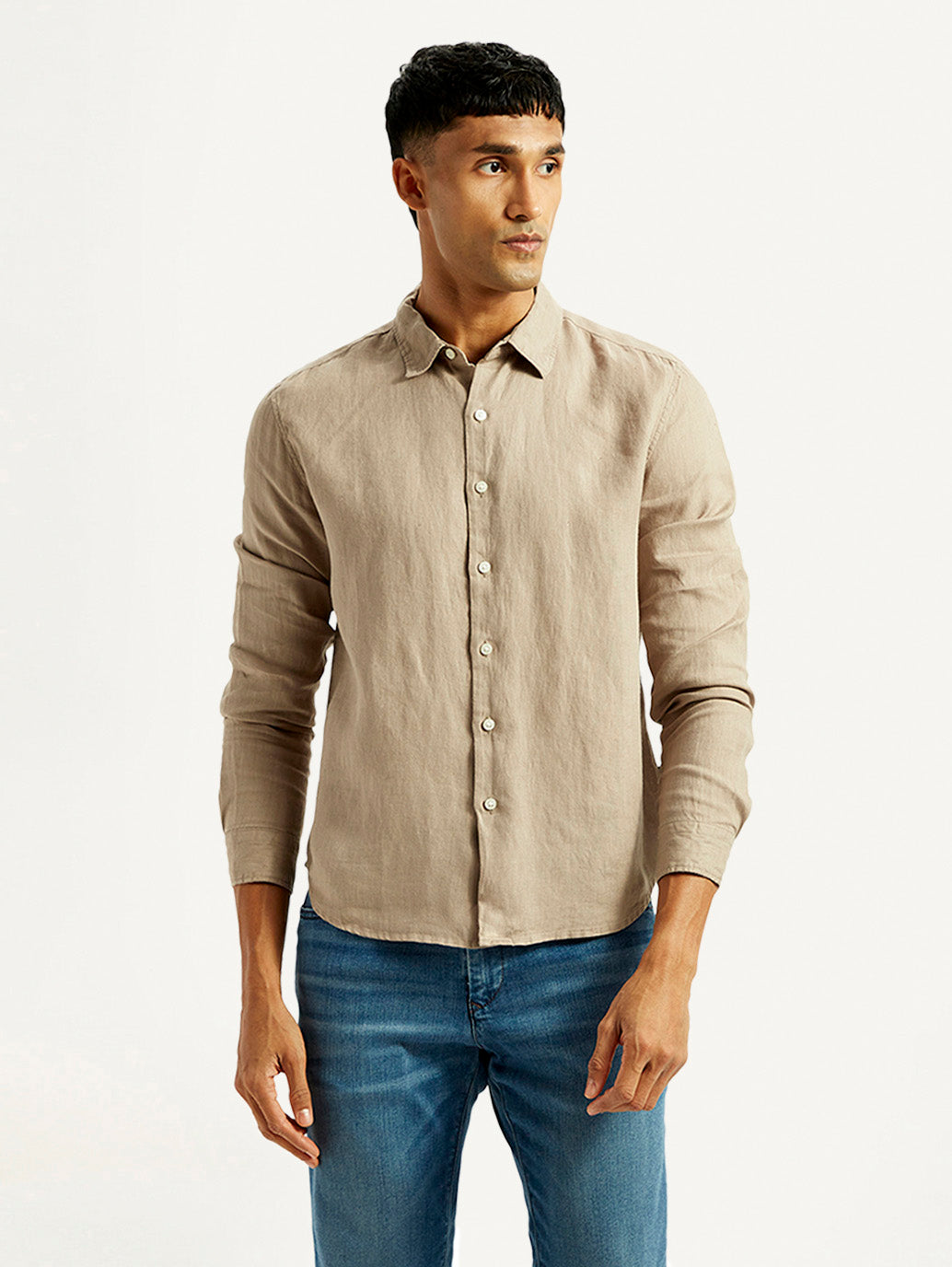 Men's Redloop Solid Beige Slim Fit Linen Shirt - Front View