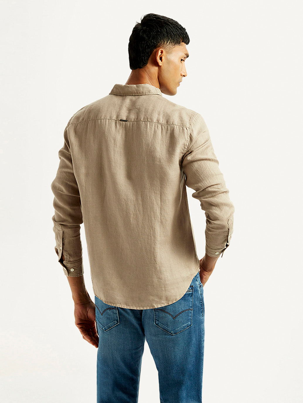 Men's Redloop Solid Beige Slim Fit Linen Shirt - Back View