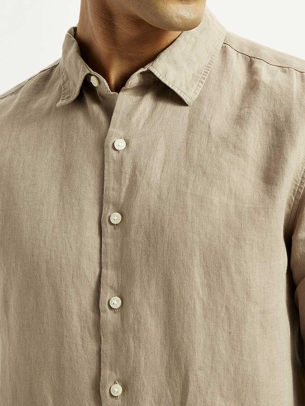 Men's Redloop Solid Beige Slim Fit Linen Shirt - Detail View