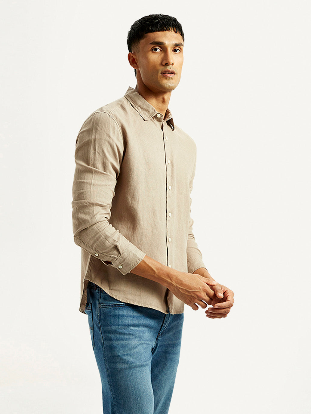 Men's Redloop Solid Beige Slim Fit Linen Shirt - Side View