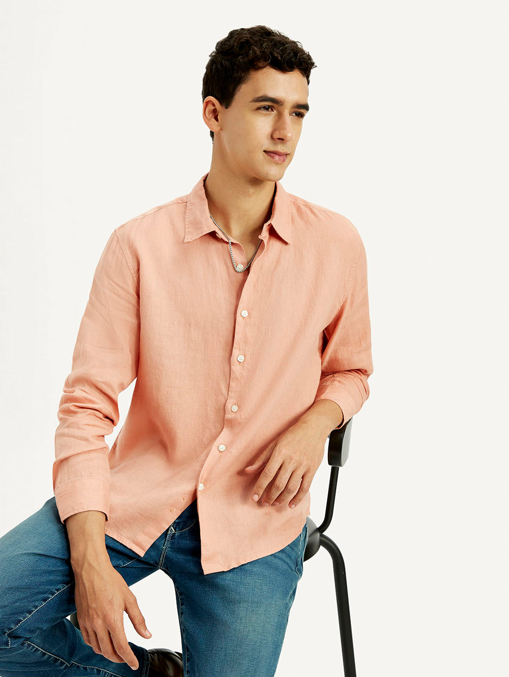 Men's Redloop Solid Peach Slim Fit Linen Shirt - Elevated View