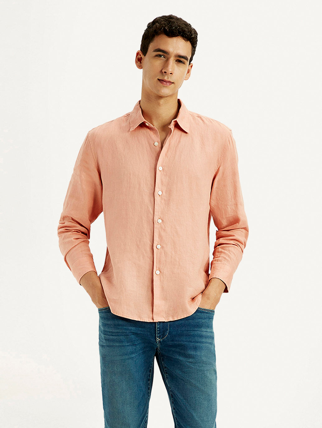 Men's Redloop Solid Peach Slim Fit Linen Shirt - Styleshot View
