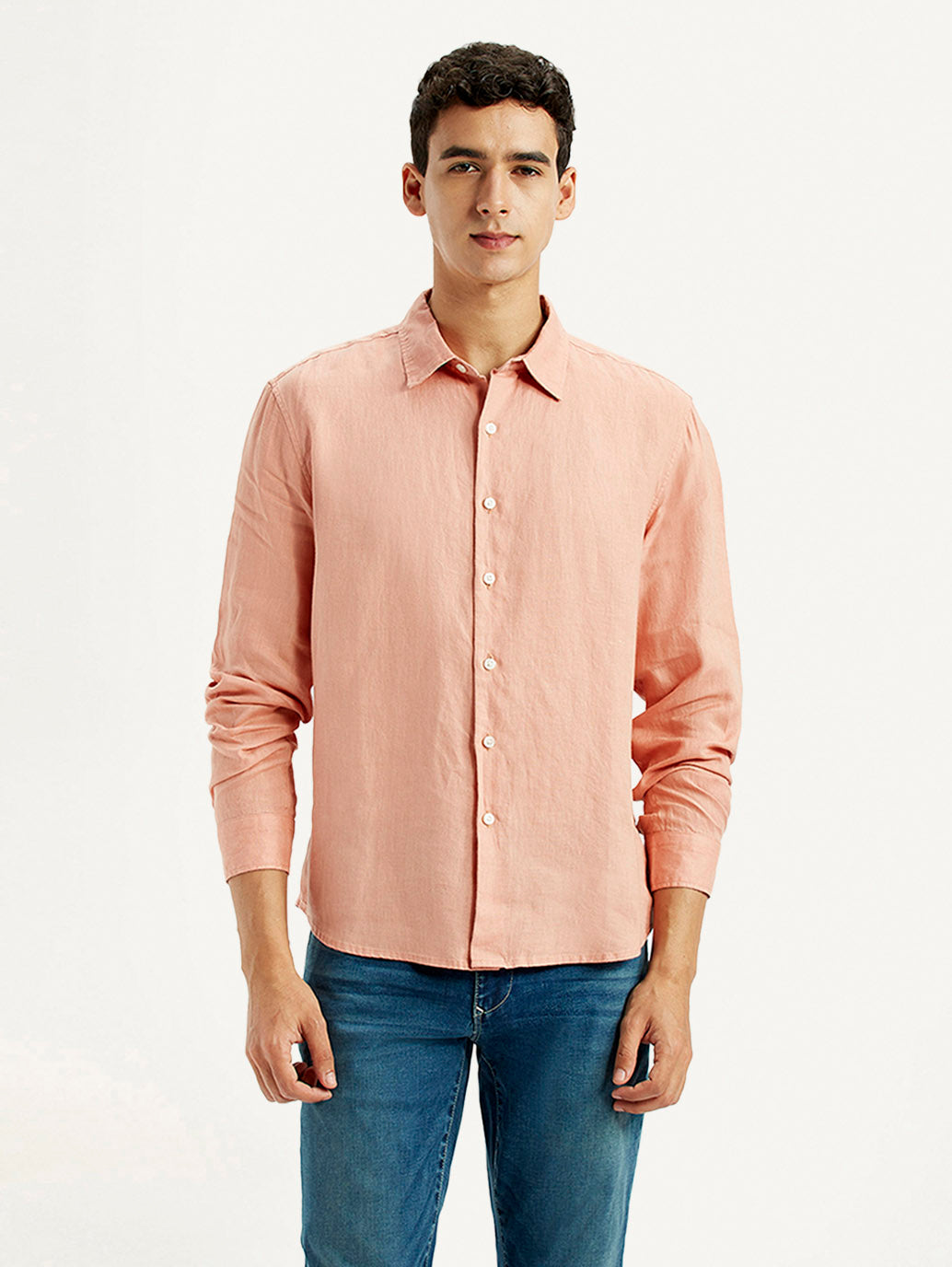 Men's Redloop Solid Peach Slim Fit Linen Shirt - Front View