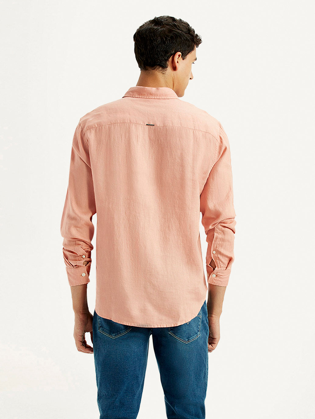 Men's Redloop Solid Peach Slim Fit Linen Shirt - Back View