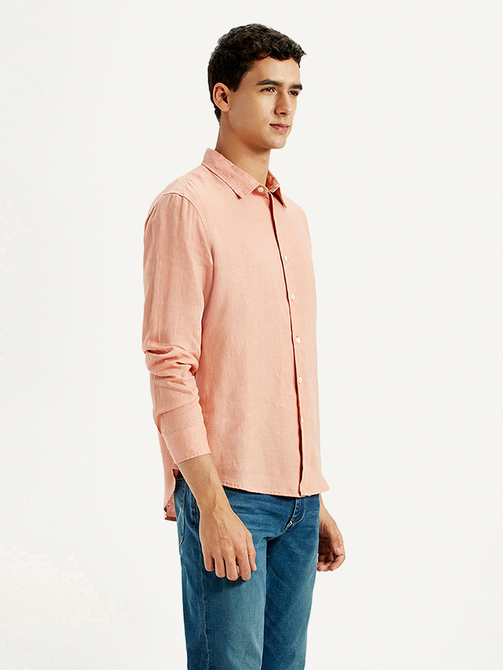 Men's Redloop Solid Peach Slim Fit Linen Shirt - Side View