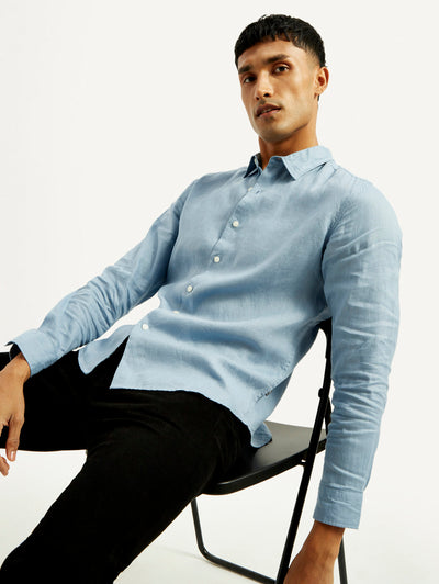 Men's Redloop Solid Light Blue Slim Fit Linen Shirt