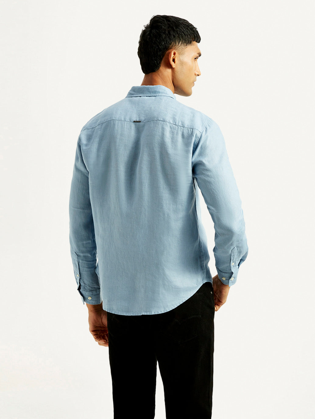 Men's Redloop Solid Light Blue Slim Fit Linen Shirt - Back View