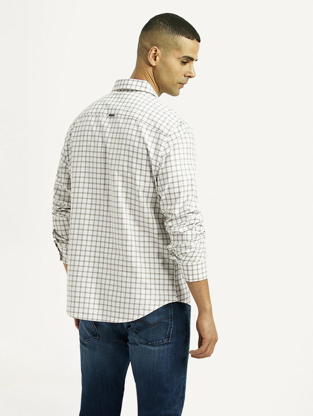 Men's Checkered White Slim Fit Shirt - Back View