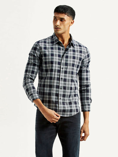 Men's Checkered Navy Slim Fit Shirt-image-15