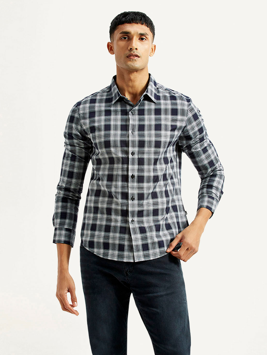 Men's Checkered Navy Slim Fit Shirt - Front View