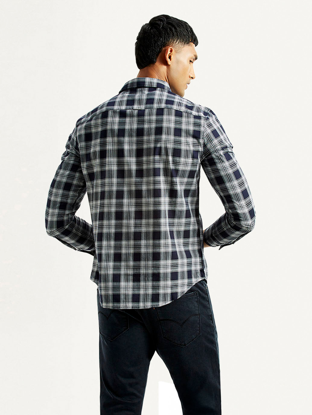 Men's Checkered Navy Slim Fit Shirt - Back View