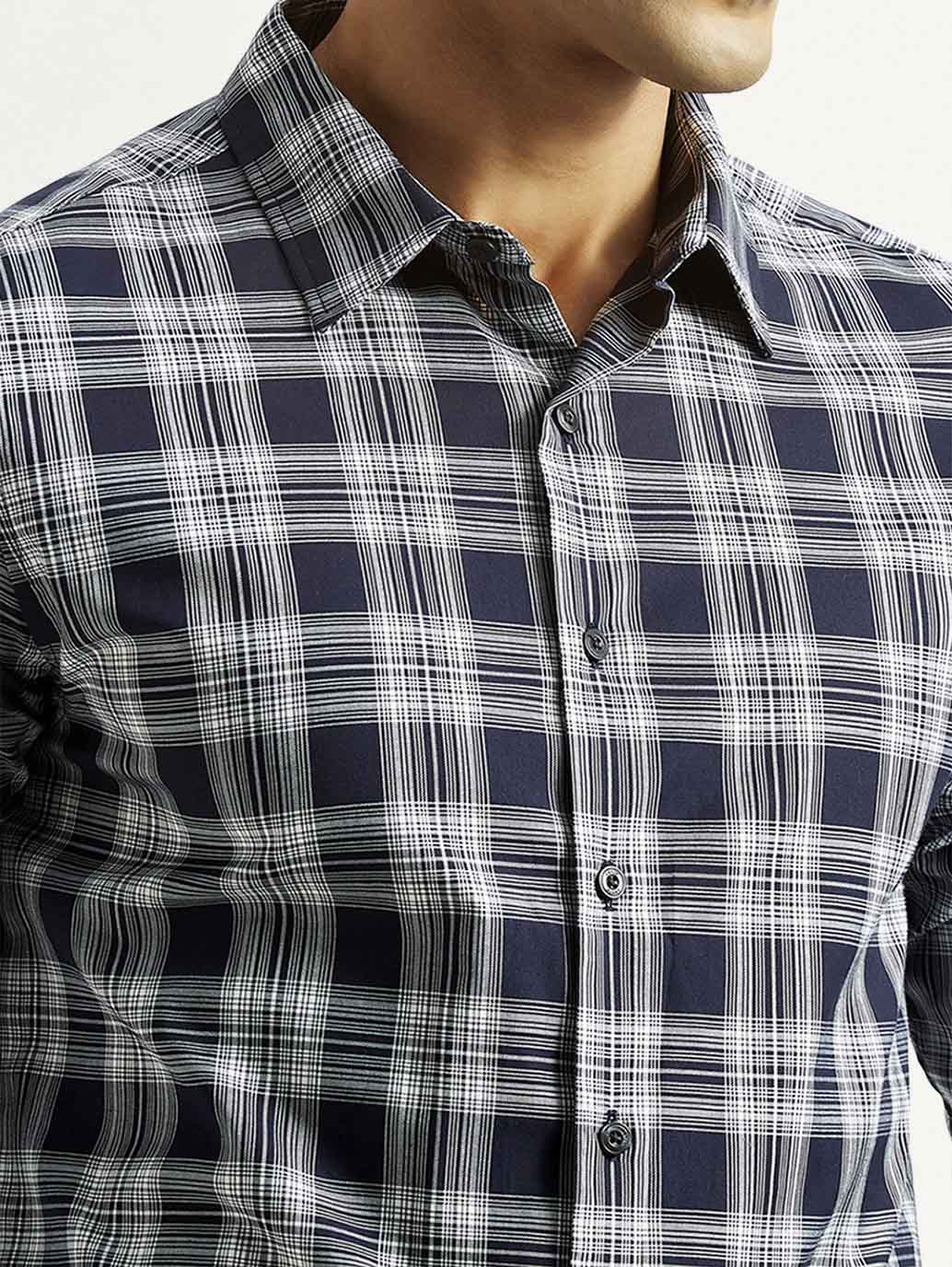 Men's Checkered Navy Slim Fit Shirt - Detail View