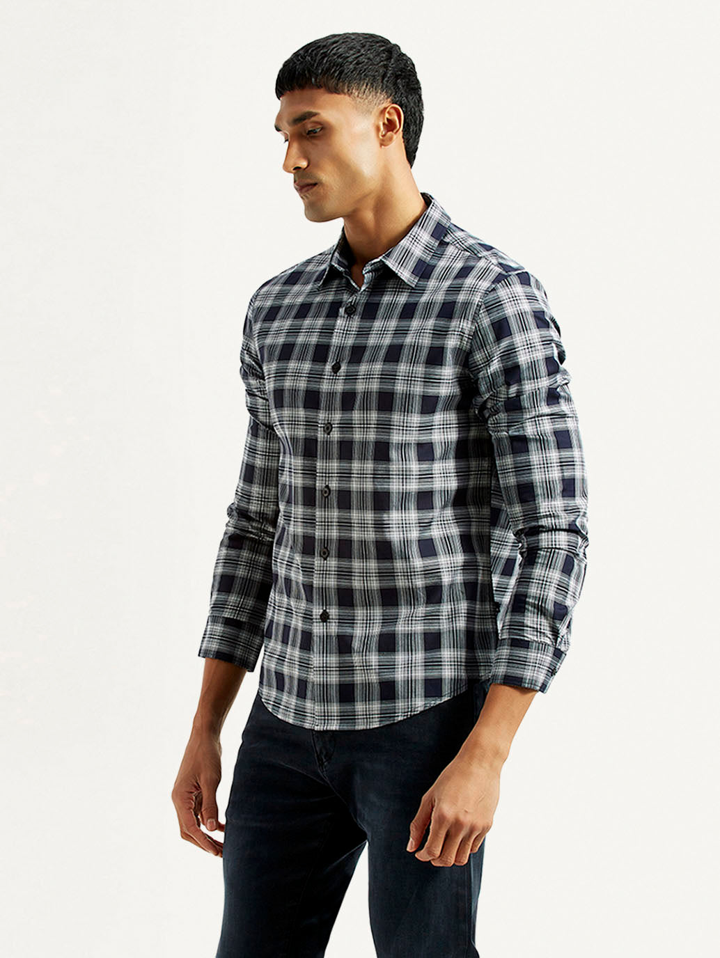 Men's Checkered Navy Slim Fit Shirt - Side View