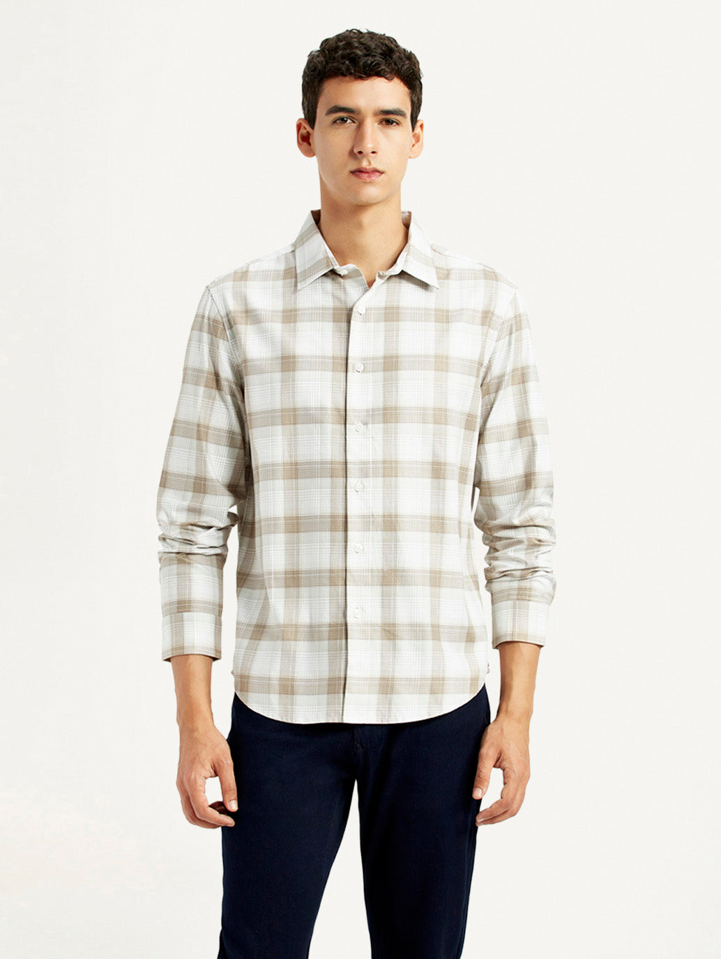 Men's Redloop Checkered Beige Slim Fit Shirt - Front View