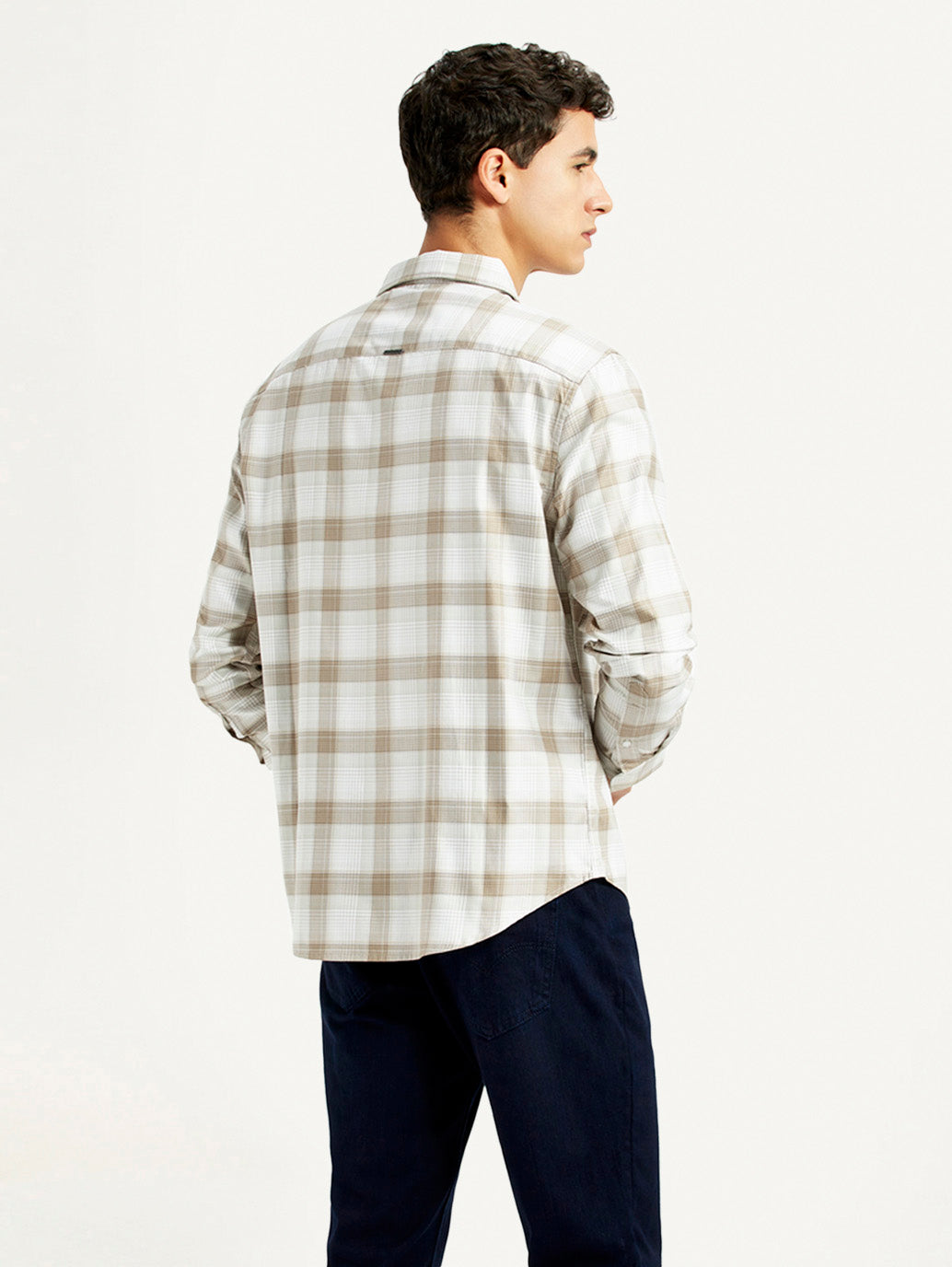 Men's Redloop Checkered Beige Slim Fit Shirt - Back View