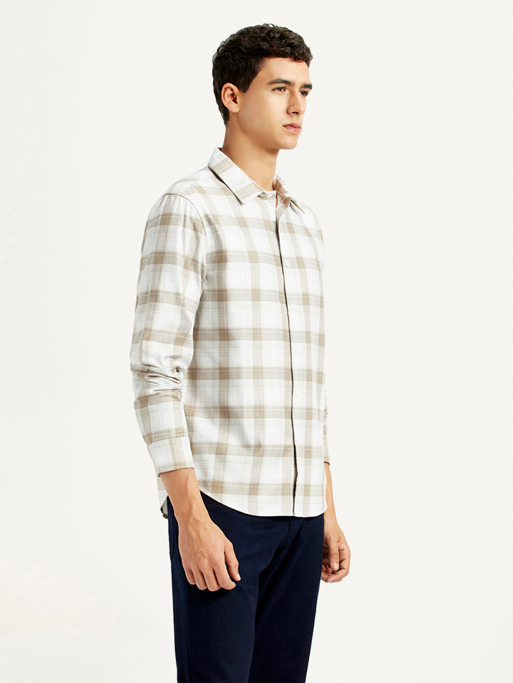 Men's Redloop Checkered Beige Slim Fit Shirt - Side View