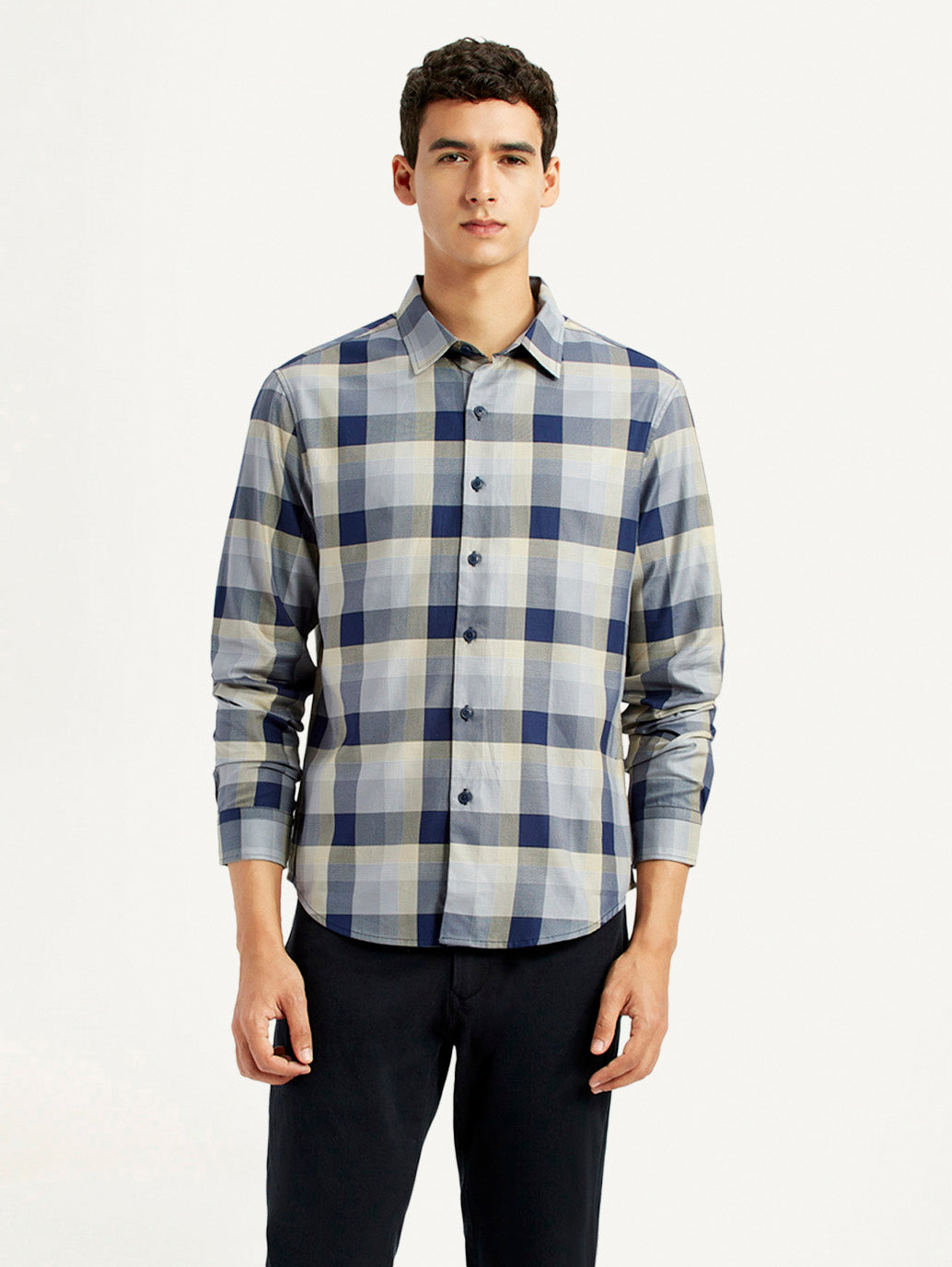 Men's Checkered Grey Slim Fit Shirt - Front View