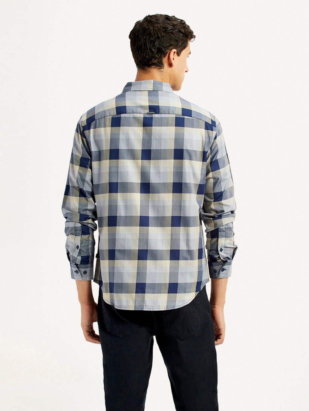 Men's Checkered Grey Slim Fit Shirt - Back View