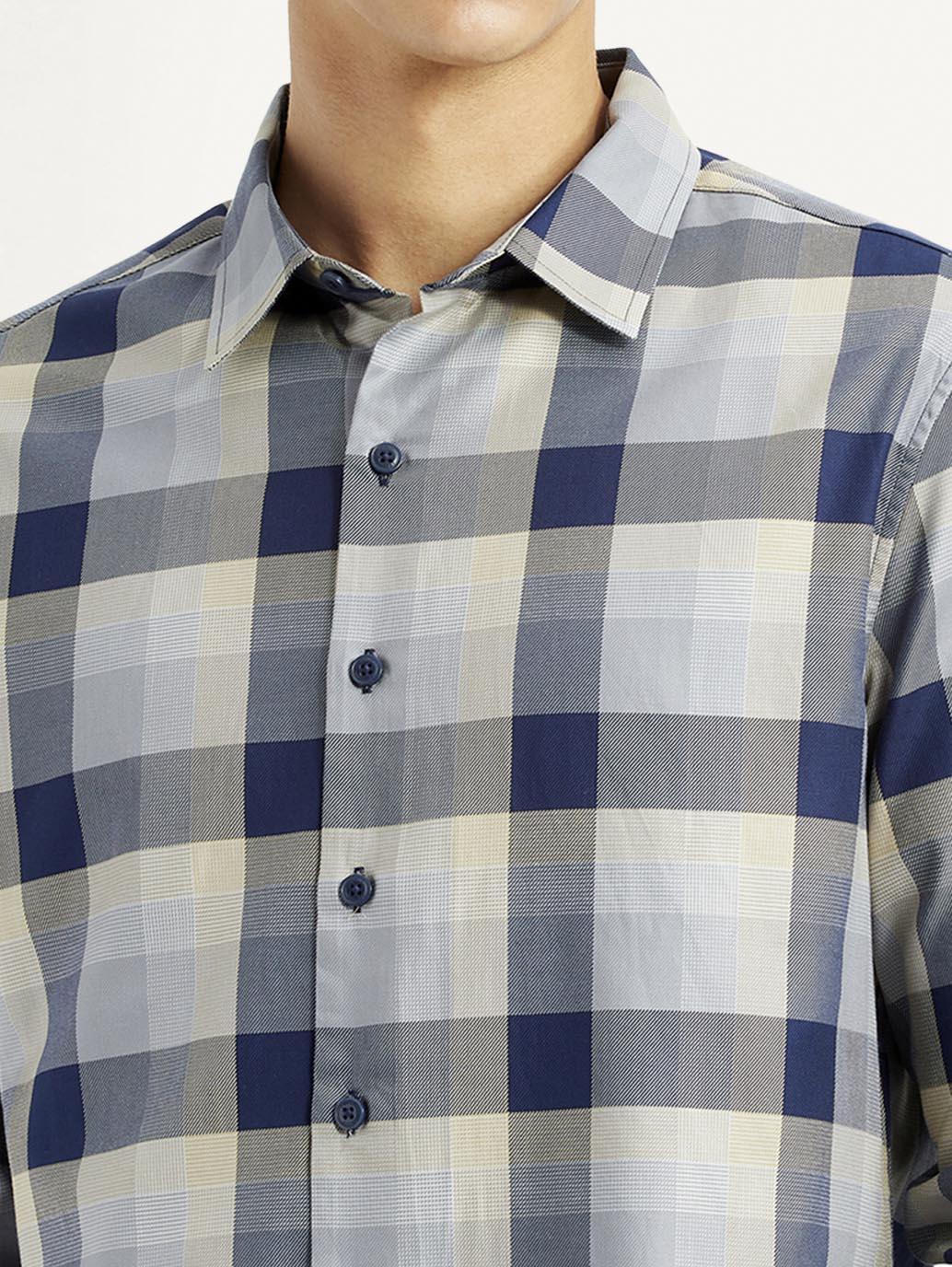 Men's Checkered Grey Slim Fit Shirt - Detail View