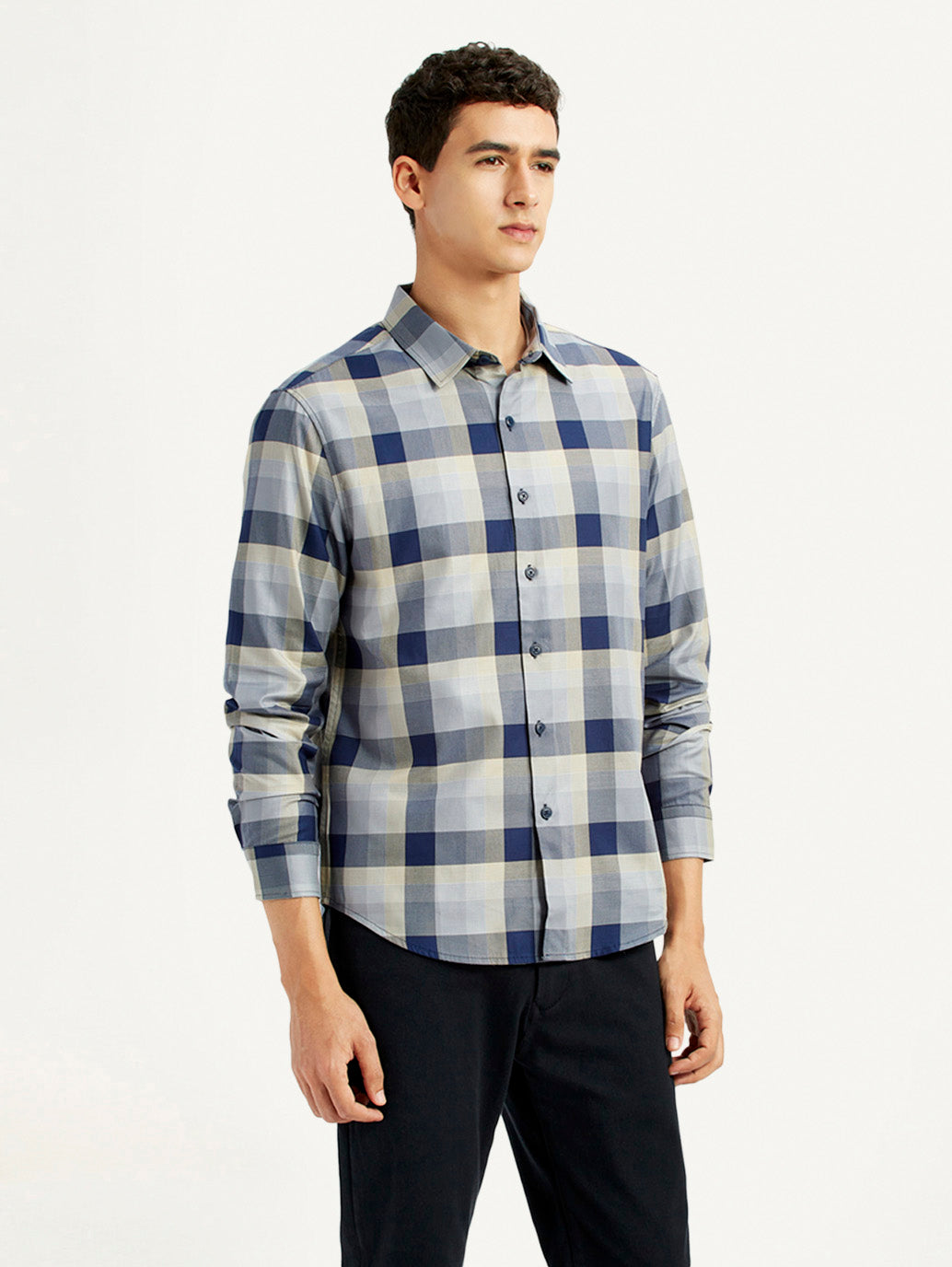 Men's Checkered Grey Slim Fit Shirt - Side View