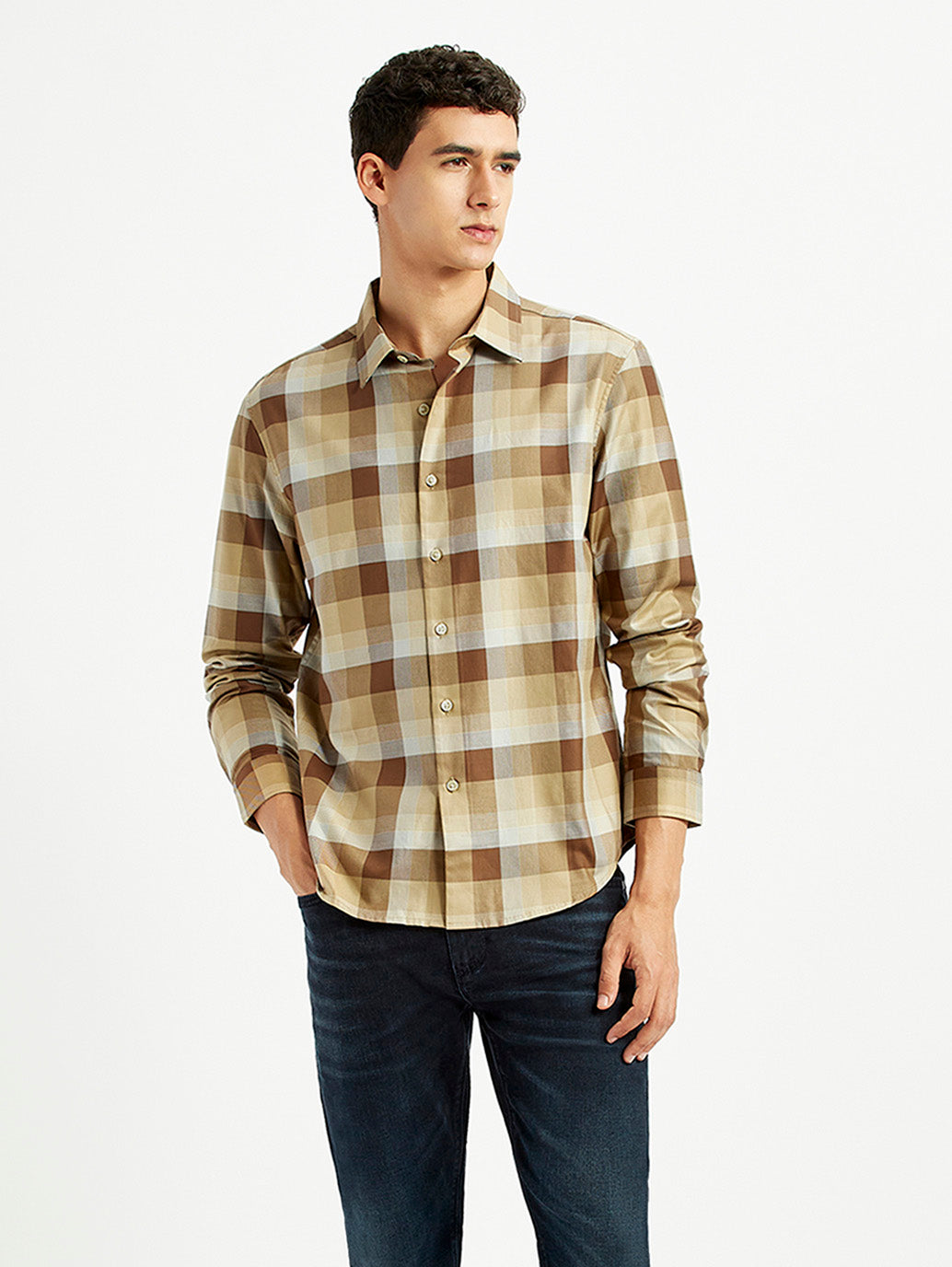 Men's Checkered Light Brown Slim Fit Shirt