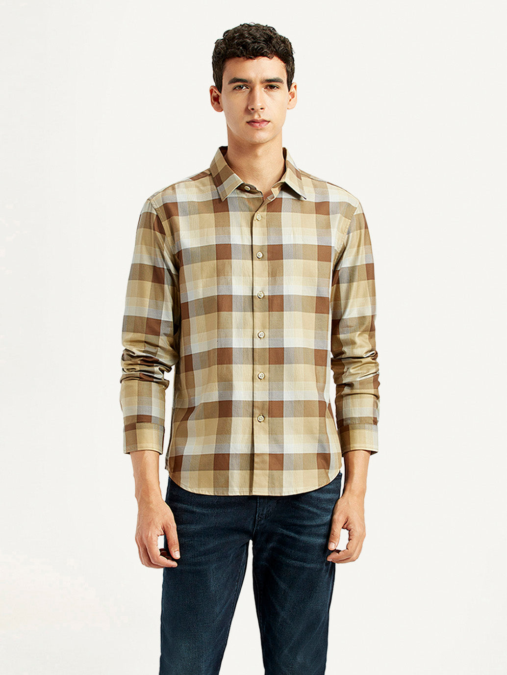 Men's Checkered Light Brown Slim Fit Shirt - Front View