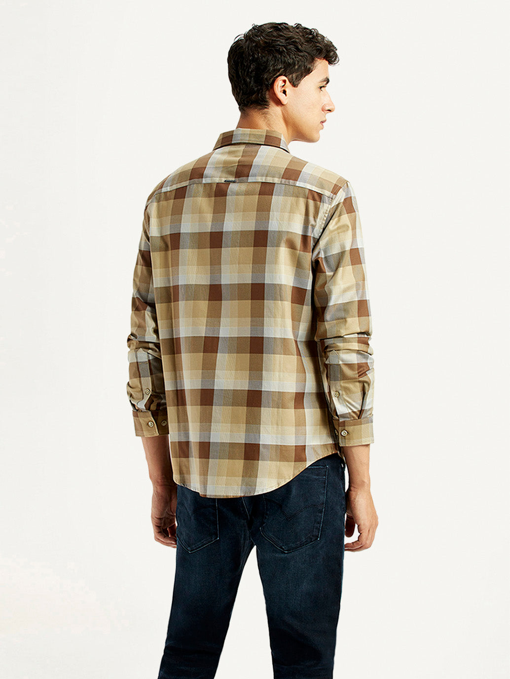 Men's Checkered Light Brown Slim Fit Shirt - Back View