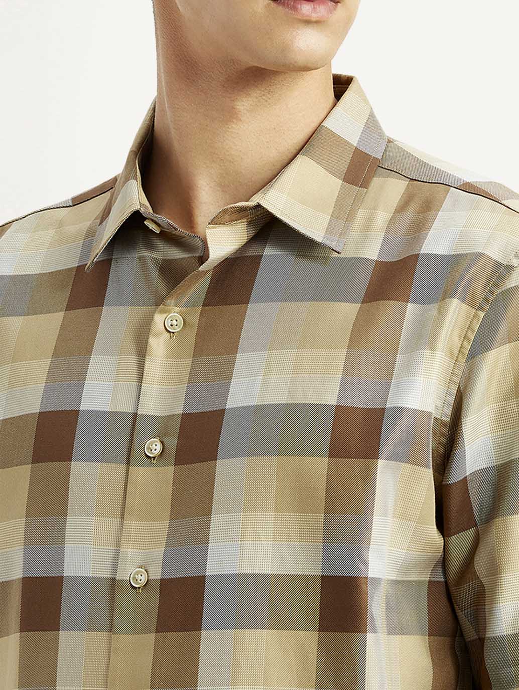 Men's Checkered Light Brown Slim Fit Shirt - Detail View