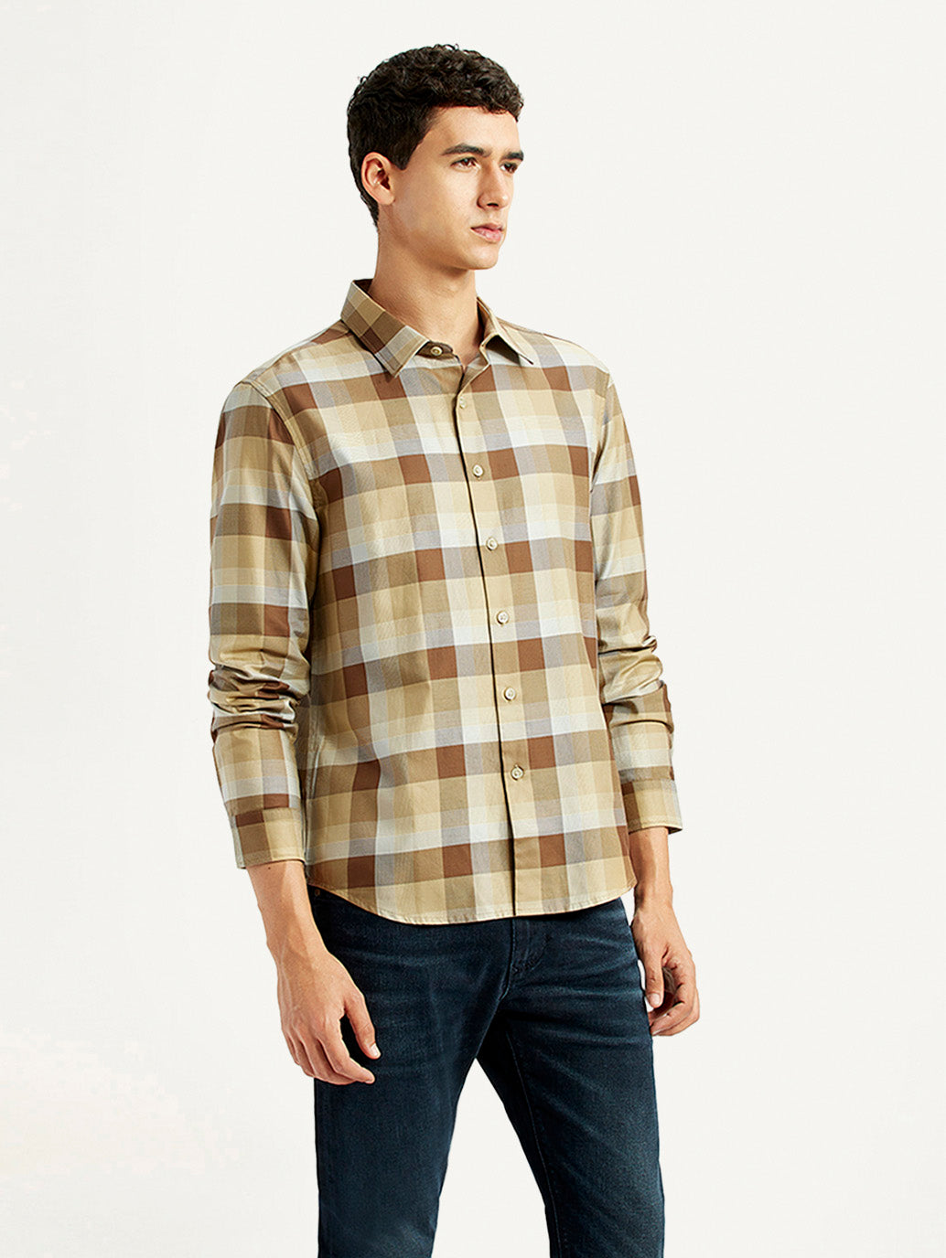 Men's Checkered Light Brown Slim Fit Shirt - Side View