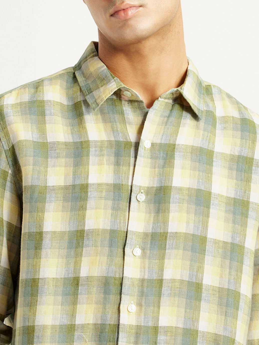 Men's Checkered Yellow Slim Fit Shirt - Detail View